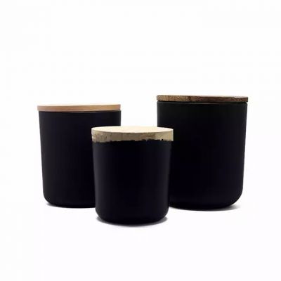 6oz 10oz 14oz matte black candle jar frosted glass candle holder votive container with wood lid cheap price for candle making