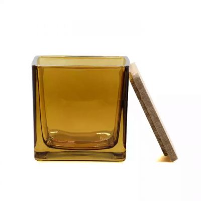 Amber candle jar cube square candle glass holder 8oz empty candle vessel with wood lid wholesale