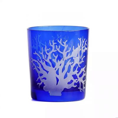Colored glass candle jar sandblasted coral pattern cheap price candle holder wholesale