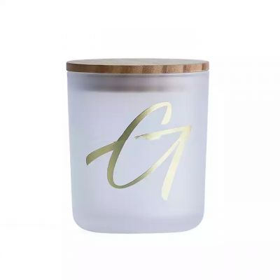 Frosted glass candle jar with sealed wooden lid 10oz translucent candle holder with gold foil logo glass container