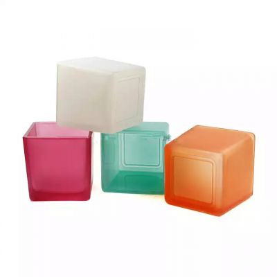 Square cube shape glass candle jar 8oz custom color candle holder container wholesale