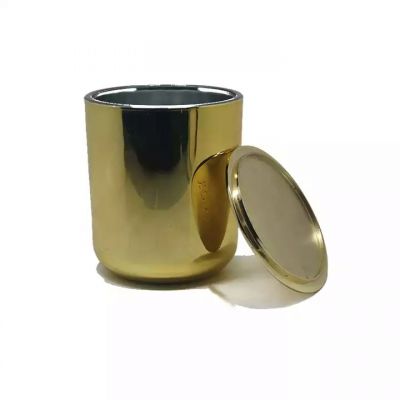Hot sale 16 oz round bottom electroplated gold glass candle holder with alloy lid