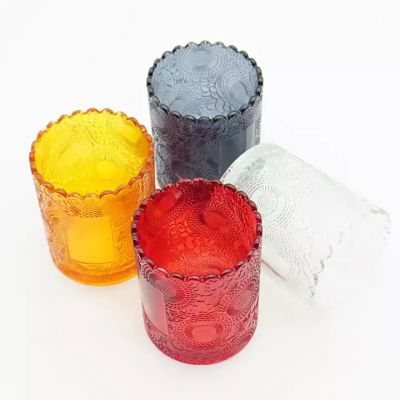 Factory Embossed 250ml lace Scented Candle Glass Bottle European Style Colored Candle Jar Scented Empty Candle Holder