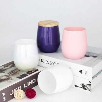 wholesale custom 10 oz matte glossy hot pink white egg shape canlde jar vessels with wooden lid and box for candle making