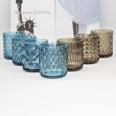 custom wholesale 6oz 11oz 20oz Translucence Blue Khaki Embossed Star pattern glass candle jar for candle making