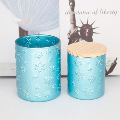 unique custom 11 oz 20 oz cylindrical Embossed christmas snowflake surface textured matte bule glass candle jars vessel