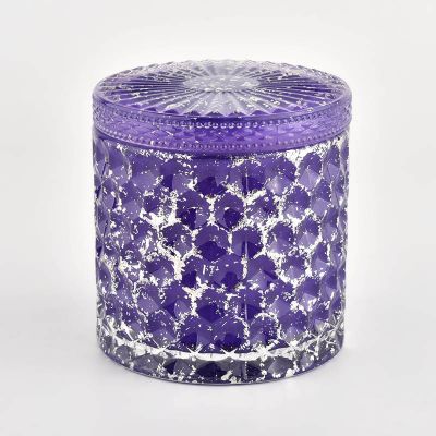 Customized diamond effect dark blue glass candle vessel with lids for wholesale
