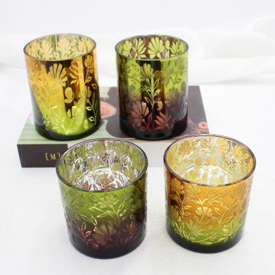 500ml empty large glass flat candle jars with engrave pattern