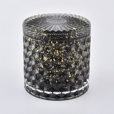 Wholesale 440ml cylinder diamond effect black glass candle vessel with lids for home decoration