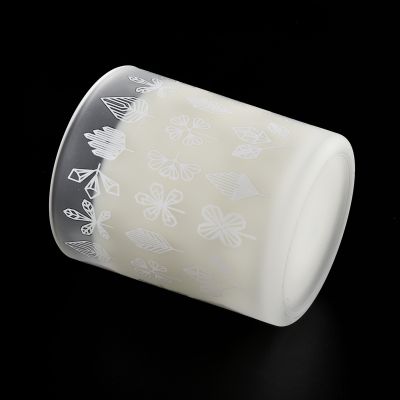 frosted glass candle jar with white printing