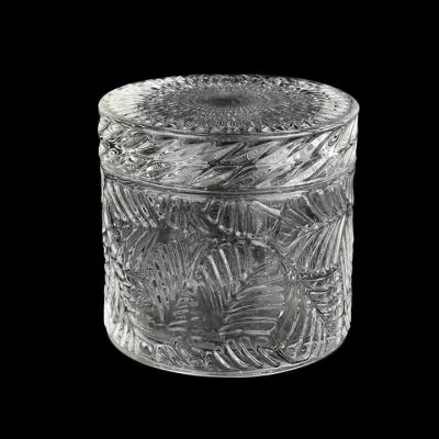 Luxury 240ml leaf and flower effect glass candle jar with lids for wholesale