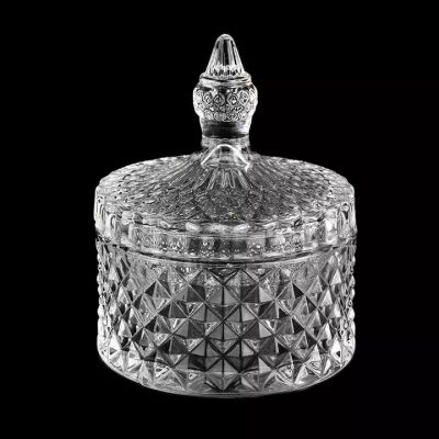 Luxury 300ml diamond effect glass candle jar with handle lids in bulk