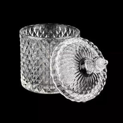 10oz 12oz 14oz diamond effect glass candle jar with handle lids for wholesale