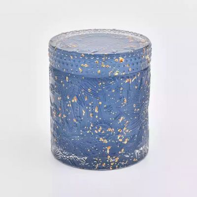 blue and golden emboss logo glass candle jar with lids for decor