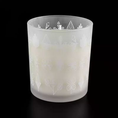 frosted glass candle jar with white prints