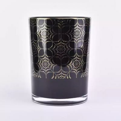 glossy black glass candle holder with gold print