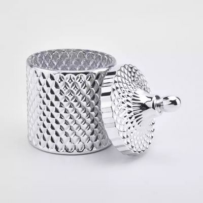 Wholesale votive 18oz glass luxury silver diamond effect candle vessele with lids in bulk