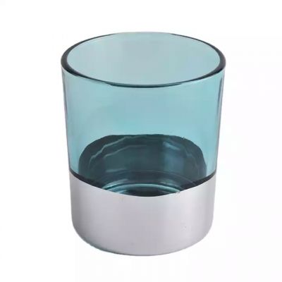 blue transparent glass candle jar with electroplated bottom, unique glass candle holder