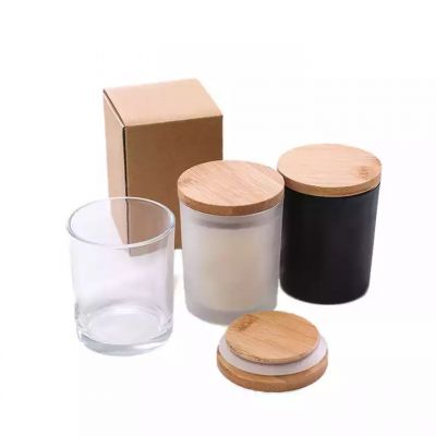 wholesale empty matte frosted white black clear glass candle jars with wooden lids for candle making