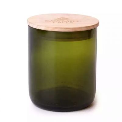 Hot sale 10oz green round empty glass candle cup with wooden cap for home decoration