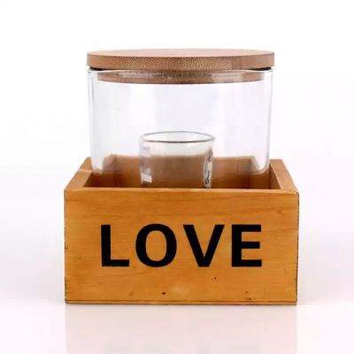 wholesale empty 350ml clear glass candle jar container with bamboo wood lid