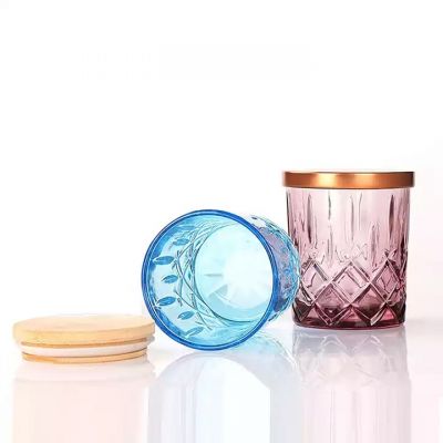 new design 10oz 300ml embossed glass candle holder glass candle jar with bamboo wooden and metal lids