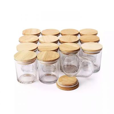 Wholesale empty 7oz 200ml clear glass candle jars container vessel with bamboo lids for scented candle making
