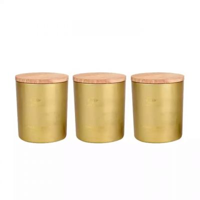 Home decoration 330ml luxury high quality 11oz gold glass candle container jar vessels with wooden lid