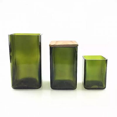 Christmas Dark Green Hand Cut Tumbler Candle Holder Container Glass Square Candle Jars with Bamboo Lid