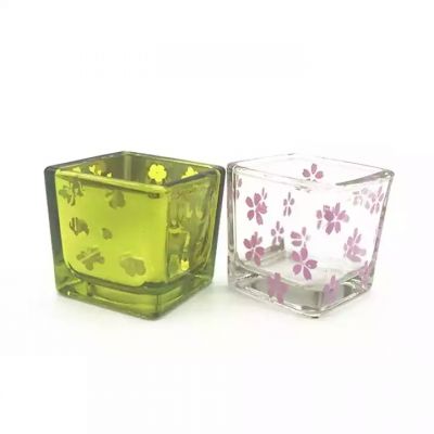 Simple square small candle jar green transparent printing candlestick with lid