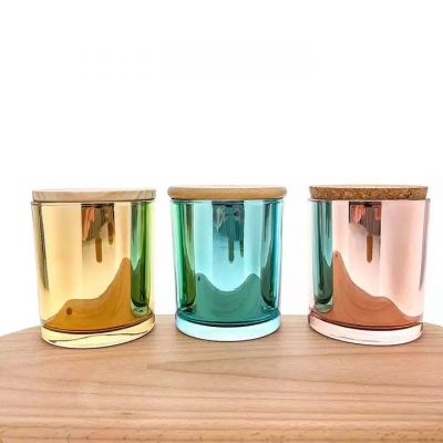 Premium luxury 310ml electroplated colored candle jar glass with bamboo lid fragrant candle cup