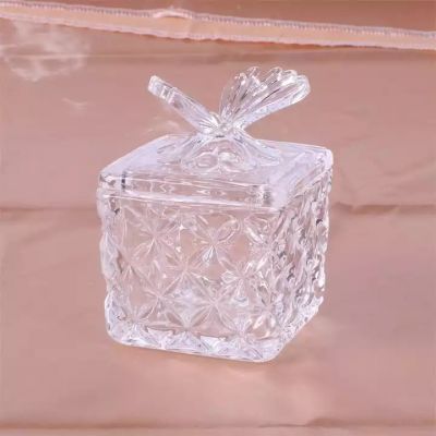 New and unique transparent square small candle jar glass with butterfly glass cover
