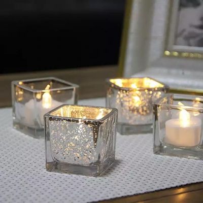High Quality Empty Electroplated Silver Small Candle Jar Glass Square Candle Jars