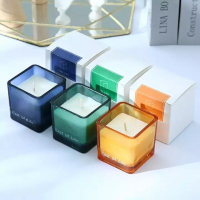 Wholesale Custom 10oz Multi Color clear empty latest luxury Glass Square Candle Jar with Lid
