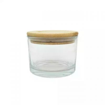 Factory hot sale 16 oz large size empty glass candle holder with wooden lid for candle making