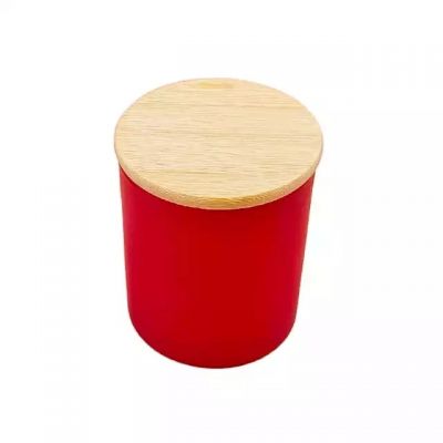 Factory new design 10oz red frosted craft glass candle container with wooden lid for making candles