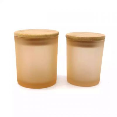 Factory promotion champagne colored frosted glass candle container with custom bamboo lid