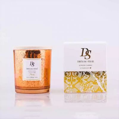 Luxury foil printing electroplated jar glass candle jar custom glass aromas candle jar with wood lid