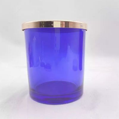 Empty 16oz Blue candle containers wholesale glass candle jars with wooden lid