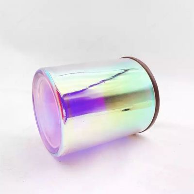 Luxury 16oz Rainbow Color Iridescent Glass Candle Container With Wooden Lid For Scented Candle