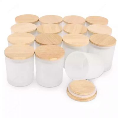 Custom Frosted Clear Frosted White Colored Container Glass Candle Jars With Bamboo Lid For Candle Making