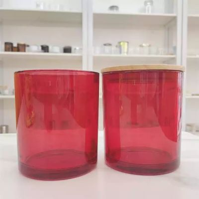 Hot selling 16oz cylinder red glass candle vessel with wood lid for Candle making