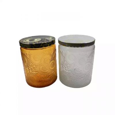 white amber glass candle holders classic vintage engraved pattern glass candle jars with lids in bulk