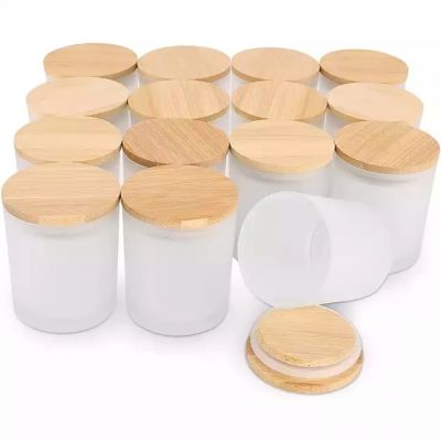 Customized Logo Frosted Glass Candle Holders with wooden lid