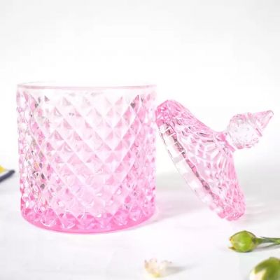 glass vessel for candle hot sale colored gel cut diamond pattern elegant pink candle vessels with lid 10oz