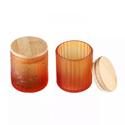 Luxury Candle Cups With Cover Embossed Scented Orange Glass Candle Jar With Lid For Candles Bulk