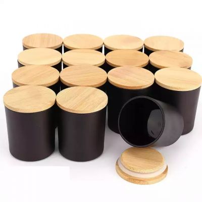 210ml Home Decoration Matte Black Glass Candle Jar with wooden lid