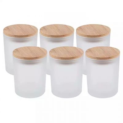 Wholesale 6 oz 8 oz 10oz candle making glass container bamboo wood lid glass frosted candle jar