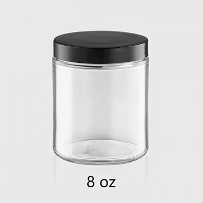 Wholesale 4 oz 8 oz kitchen glass storage jar clear with black lid glass candle jar for candle making