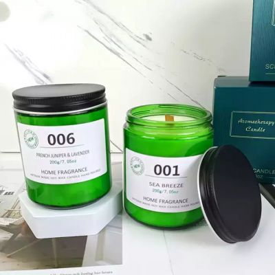 Wholesale Custom Green Glass Candle Jar Container Holders with Bamboo Metal Lids and Gift Box for Soy Wax Scented Candle Making